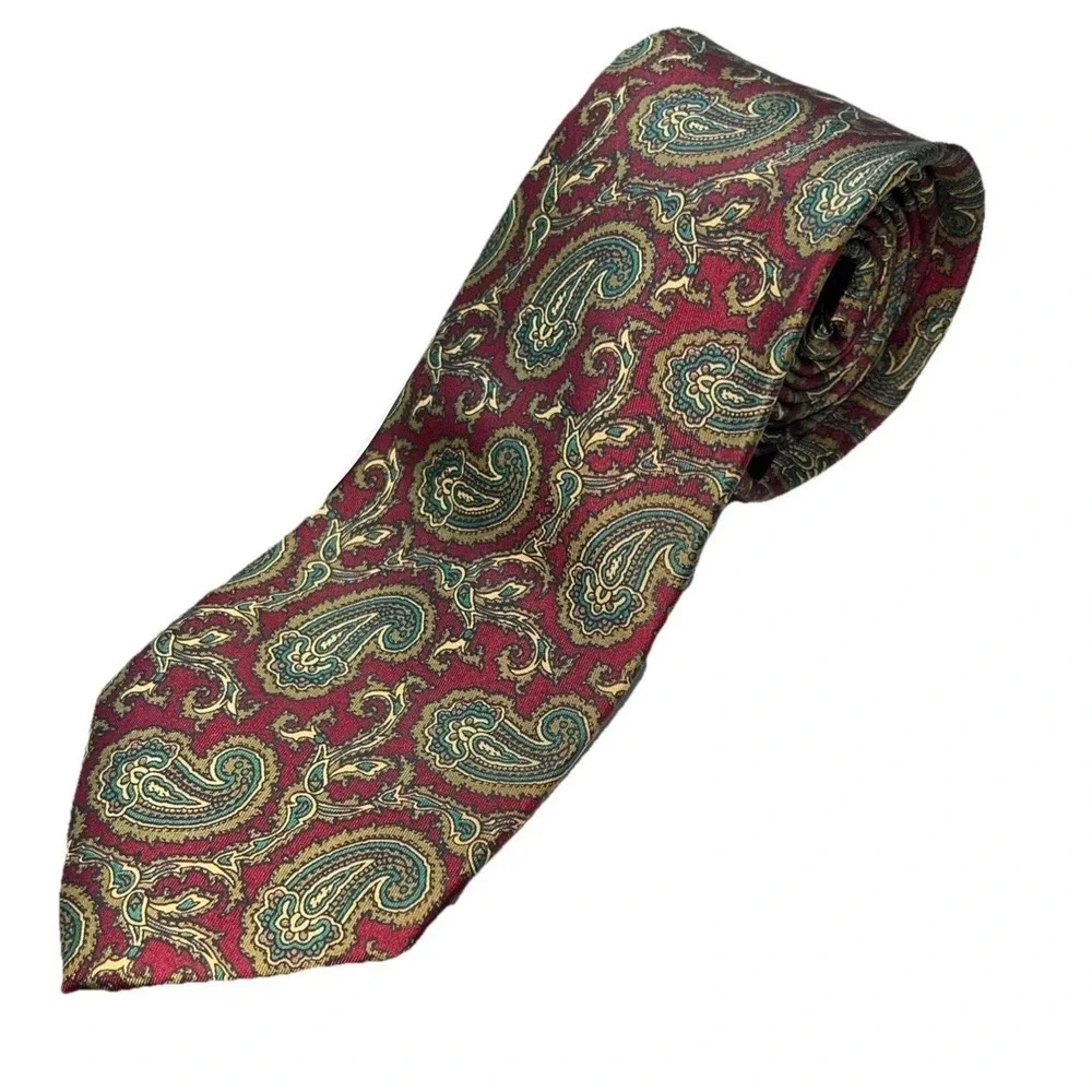 Pierre Cardin 100 Silk Tie Paisley Red Teal Gold Vintage Hand Made Italy